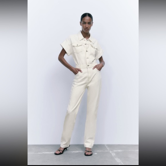 LONG DENIM JUMPSUIT - OYSTER WHITE - Picture 4 of 10